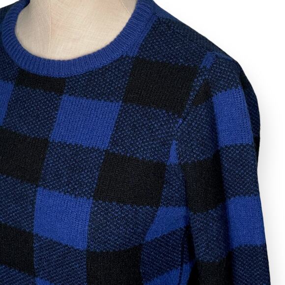 EQUIPMENT 100% Wool Sweater Check Plaid Preppy Varsity Ivy League Blue Black - Picture 3 of 12